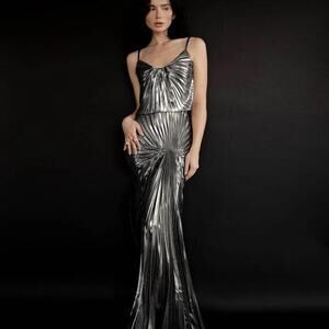 Metallic Silver Maxi‎ Dress Sleeveless Pleated Evening Gown